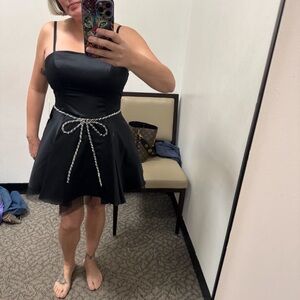 Elegant Black Dress with Rhinestone Belt